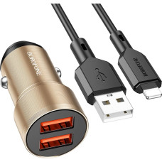 Borofone Car charger BZ19 Wisdom - 2xUSB - 12W with USB to Lightning cable gold