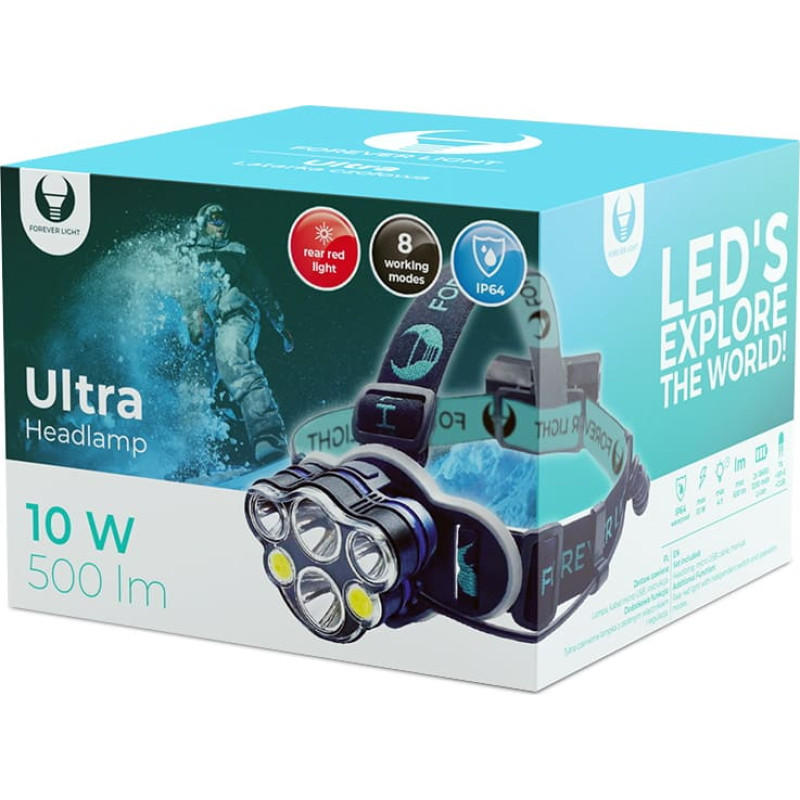 Forever Light LED Headlamp Ultra T6 2x 10W + XP-E 2x 3W 500lm 2x 18650 1200mAh Li-Ion Forever Light