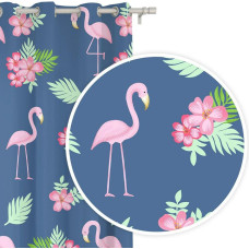 Gatavs aizkars ar starplikām 140x250 Flamingo zilie ziedi rozā lapām