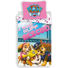 Kokvilnas gultas veļa 140x200 Paw Patrol Paw 6288 Chase Skye Rubble Bridge zili rozā spilvendrāna 70x90