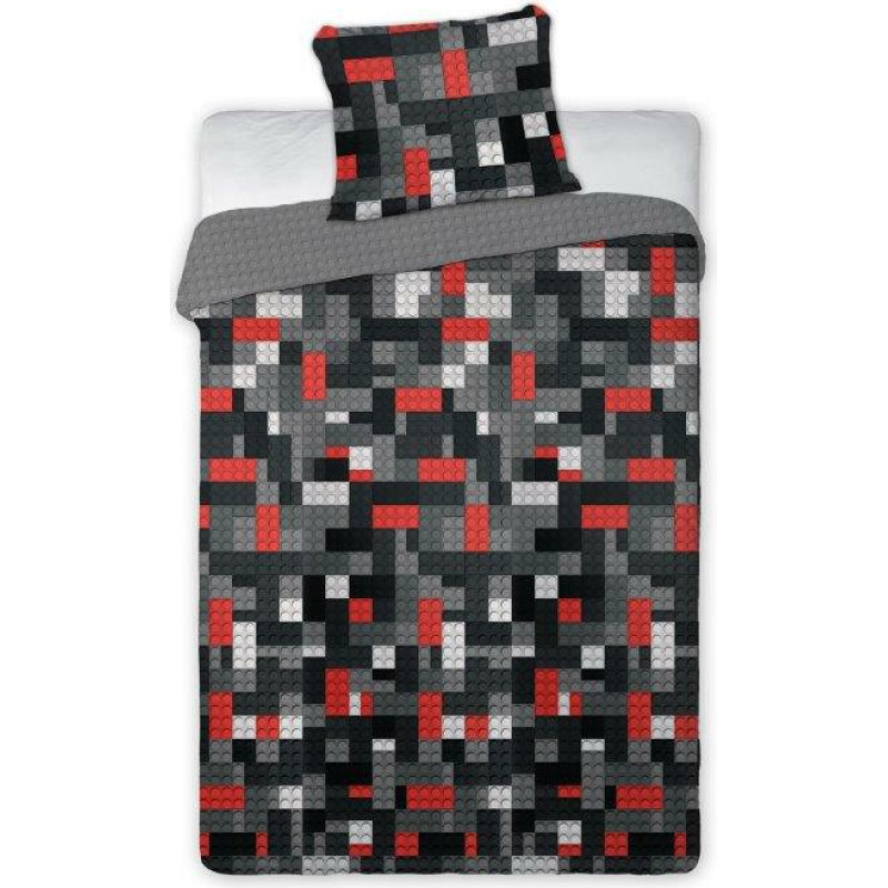 Kokvilnas gultas veļa 140x200 Blocks 025 like lego pelēks sarkans 3026 melns balts divpusējs jauniešu spilvendrāna 70x90