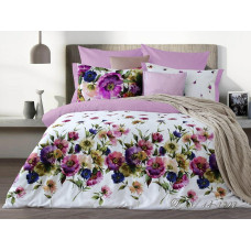 Satīna gultas veļa 220x200 Ziedi balti viršu rozā Lusso D18 spilvendrānas 2x70/80 2x50/60 pieguļošs palags 220x240