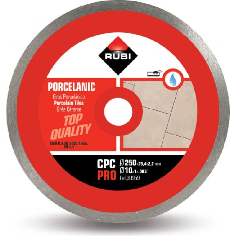 Rubi dimanta disks porcelāna keramikas griešanai, NEPĀRTRAUKTA mala - slapjš CPC 250/25.4mm, PRO klase [30959]