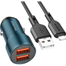 Borofone Car charger BZ19 Wisdom - 2xUSB - 12W with USB to Lightning cable blue