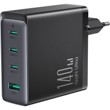 Fast charger GaN 140W 3 x USB-C | USB-A Joyroom JR-TCG05EU - black + USB-C cable - USB-C 240W 1.2m
