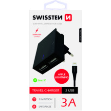 Swissten Premium Tīkla Lādētājs USB 3А | 15W Ar Lightning (MD818) vadu 120 cm Melns