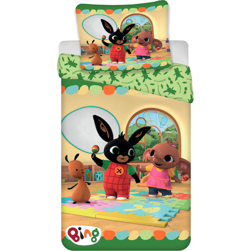 Bērnu gultas veļa 140x200 Bunny Bing 9794 zaķu draugi dzeltena spilvendrāna 70x90