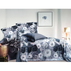 Satīna gultasveļa 160x200 Aura ziedi pelēki melni balti žakarda Luxury Premium