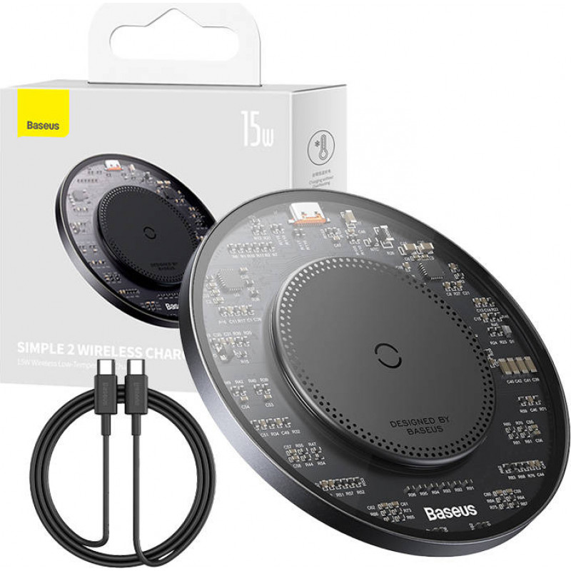 Wireless Qi inductive charger Baseus Simple 2, 15W with USB-C to USB-C cable (black)