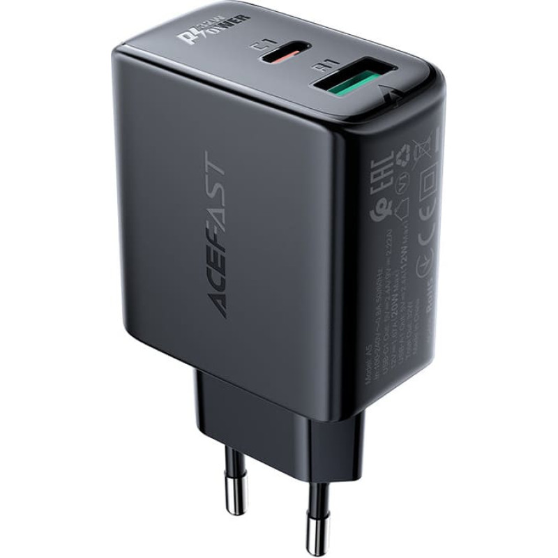 Acefast wall charger USB Type C | USB 32W, PPS, PD, QC 3.0, AFC, FCP black (A5 black)