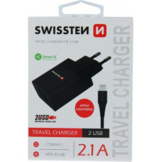 Swissten Smart IC Tīkla Lādētājs 2x USB 2.1A Ar Lightning (MD818) vadu 1.2 m Melns