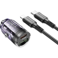 Borofone Car charger BBZ29A Talented - USB + Type C - QC 3.0 PD 36W 3A with Type C to Lightning transparent-purple