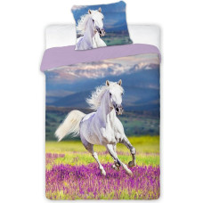 Kokvilnas gultas veļa 140x200 Wild Horse balts lavandas lauks 3156 Konik divpusēja jauniešu spilvendrāna 70x90