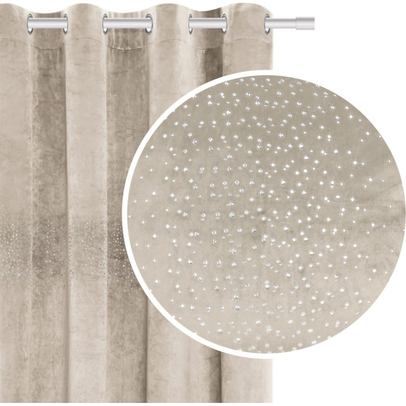 Gatavs aizkars ar cilpām 140x250, bēšs velūrs ar spīdīgiem kristāliem