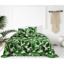 Dekoratīvais gultas pārklājs 240x220 Planta rozā zaļas lapas stepēts
