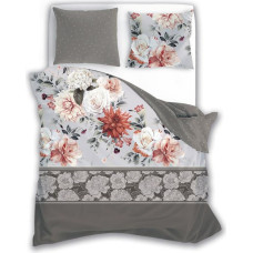 Satīna gultas veļa 140x200 Pure Sateen 007 bēši pelēki ziedi ar vienu spilvendrānu