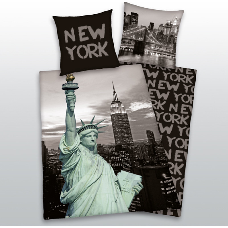 Mikrošķiedras gultas veļa 155x220 New York 8579 Brīvības statuja spilvendrāna 80x80