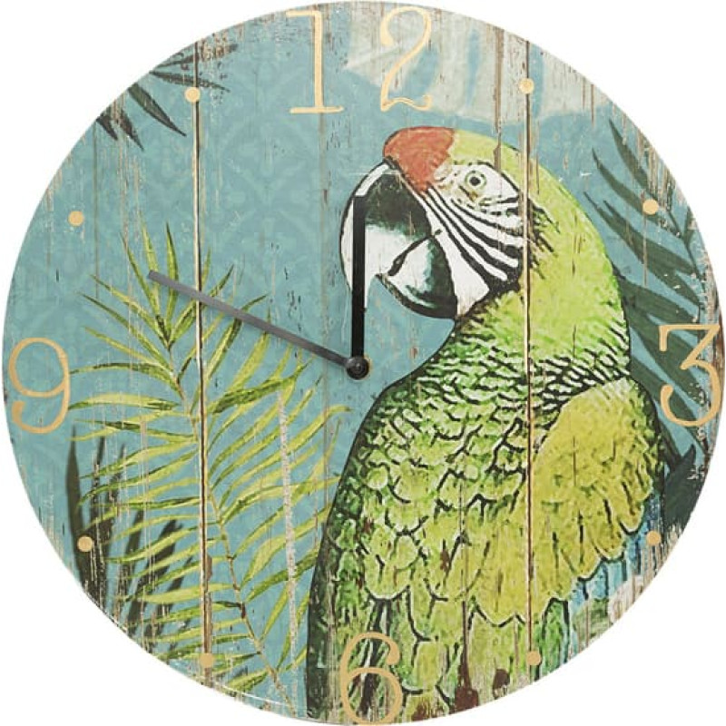 Sienas pulkstenis 38x3x38 Palm 01 koka palmas Papagailis ara zaļš