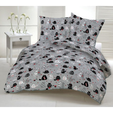 Kokvilnas gultasveļa 90x120 1237E pelēki kaķi peļu sirdis sarkanas kaklasaites 17a