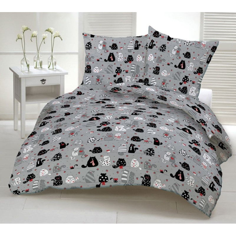 Kokvilnas gultasveļa 90x120 1237E pelēki kaķi peļu sirdis sarkanas kaklasaites 17a