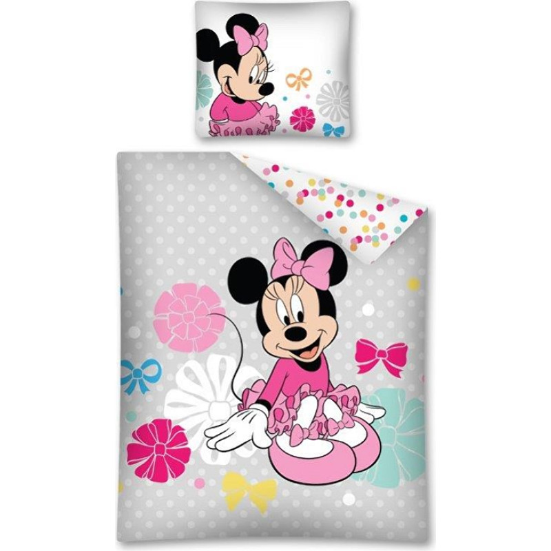 Kokvilnas gultas veļa 140x200 Minnie Mouse pelēki krāsaini punktiņi bantes 7368