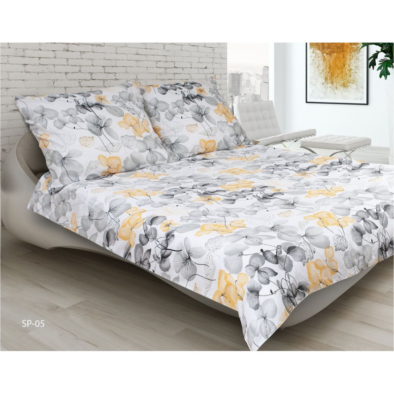 Satīna gultasveļa 220x200 05A Premium balti dzelteni pelēki ziedi lapas