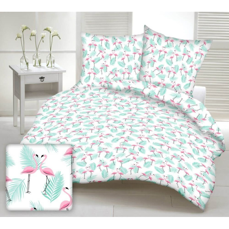 Kokvilnas gultasveļa 140x200 1659E balto flamingo rozā piparmētru palmu lapas