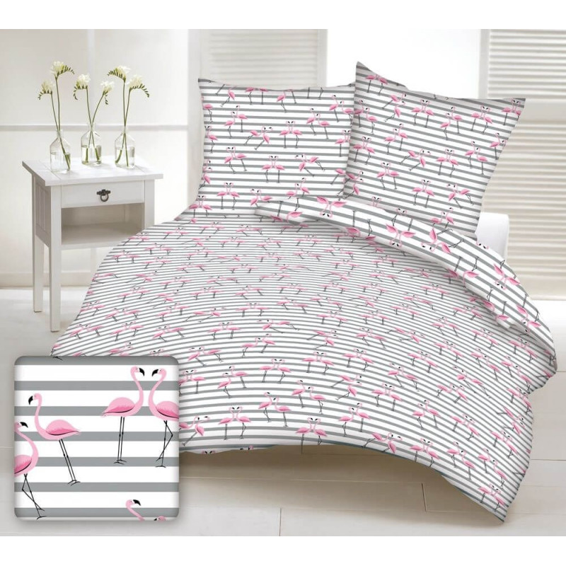 Kokvilnas spilvendrāna 70x80, balta, rozā flamingo, pelēkas svītras