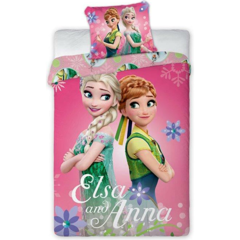 Kokvilnas gultas veļa 140x200 Frozen Frozen Anna Elsa 7385 rozā spilvendrāna 70x90