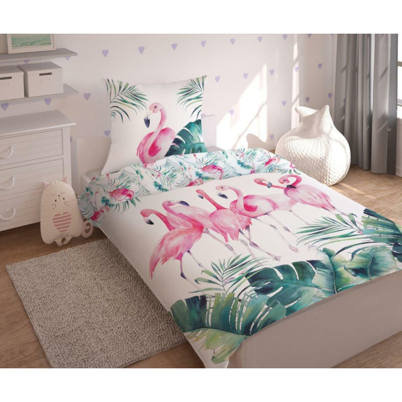 Kokvilnas gultasveļa 140x200 Flamingos monstera lapas 7817 balta zaļa rozā 2915 A