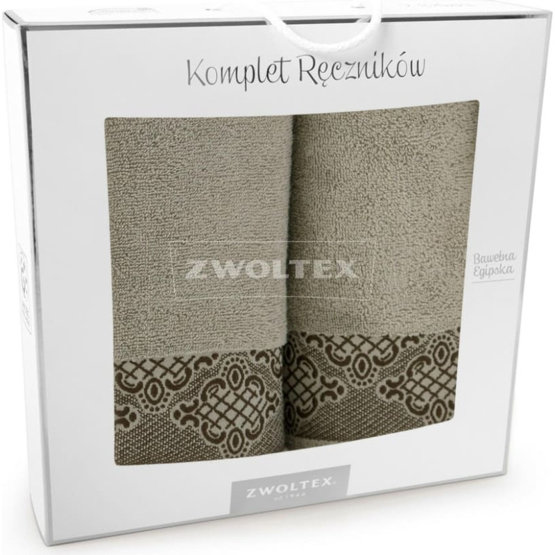 Dvieļu komplekts kastītē 2gb Roma 8485/5740 zamšādas bēšs tumši brūns izšuvums 50x90 70x130