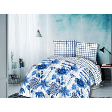Kokvilnas gultasveļa 140x200 ziedi rūtaini balti tumši zili 71413/1 Cottonlove