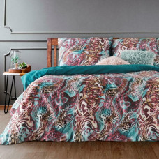 Satīna gultasveļa 220x200 Fantasia dzīvnieku motīvs, tirkīzs, krāsains, abpusējs