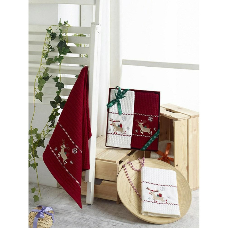 Virtuves lupatu komplekts 2x40x60 Happy Christmas bordo balts ziemeļbriedis izšūts