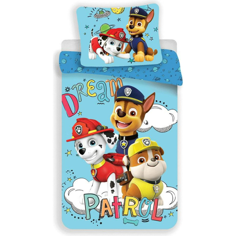 Kokvilnas gultas veļa 140x200 Paw Patrol Paw 0261 Chase Rubble Marshall sapnis kosmoss planētas mākoņi zila spilvendrāna 70x90