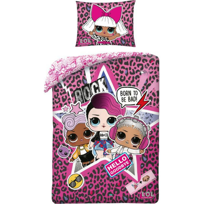 Kokvilnas gultas veļa 140x200 Lol Dolls 2574 LOL rozā leopards Hello Goodbye Rock Born to be bad spilvendrāna 70x90
