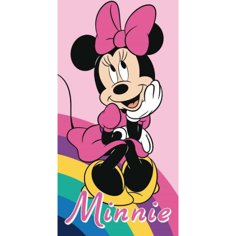 Pludmales dvielis 70x140 Mini Mouse 9780 Minnie Mouse varavīksnes rozā kokvilna