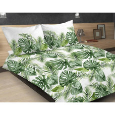 Satīna gultasveļa 160x200 16A Premium monstera palmu lapas balti zaļas