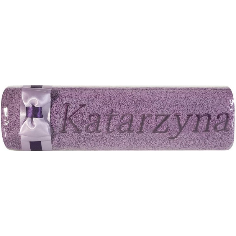 Dvielis ar izšuvumu 50x90 Katarzyna purpura viršu bantīte vārda dienas dāvanai