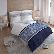 Satīna gultas veļa 160x200 austrumu ornamenti balts pelēks tumši zils 3258 A Mājas satīns