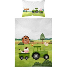 Kokvilnas gultas veļa 90x120 Traktorzaļa Farma pelēka gultai 4722 spilvendrāna 40x60 3286 B