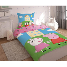 Bērnu kokvilnas gultasveļa 140x200 Peppa Pig 8836 mājas draugi zaļi zila