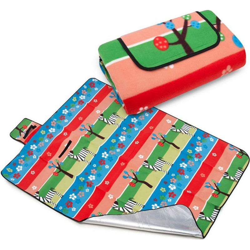 Piknika sega ūdensizturīga 150x200 zebra 027 koki ziedi svītras krāsains flīss ar izolāciju pludmales paklājiņu