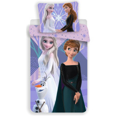 Kokvilnas gultas veļa 140x200 Frozen Frozen 6724 Anna Elsa Olaf violeta spilvendrāna 70x90 bērnu sniegavīrs