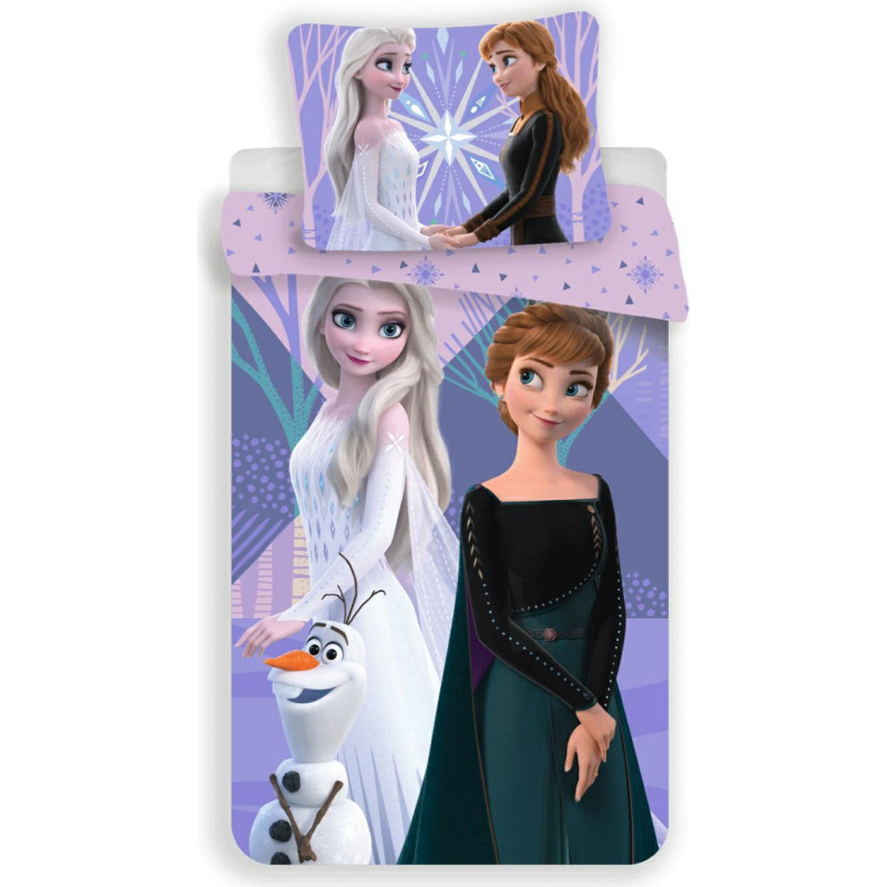 Kokvilnas gultas veļa 140x200 Frozen Frozen 6724 Anna Elsa Olaf violeta spilvendrāna 70x90 bērnu sniegavīrs
