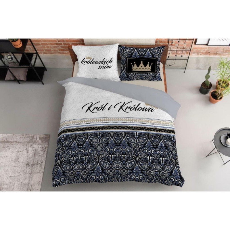 Kokvilnas gultas veļa 160x200 3889 Karalisko sapņu karaliene pelēka tumši zila Holandes mājas 3