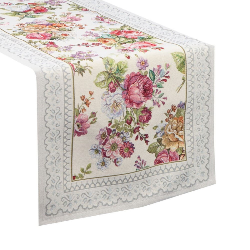 Galda celiņš 40x100 gobelēns sudraba ziedu rozes