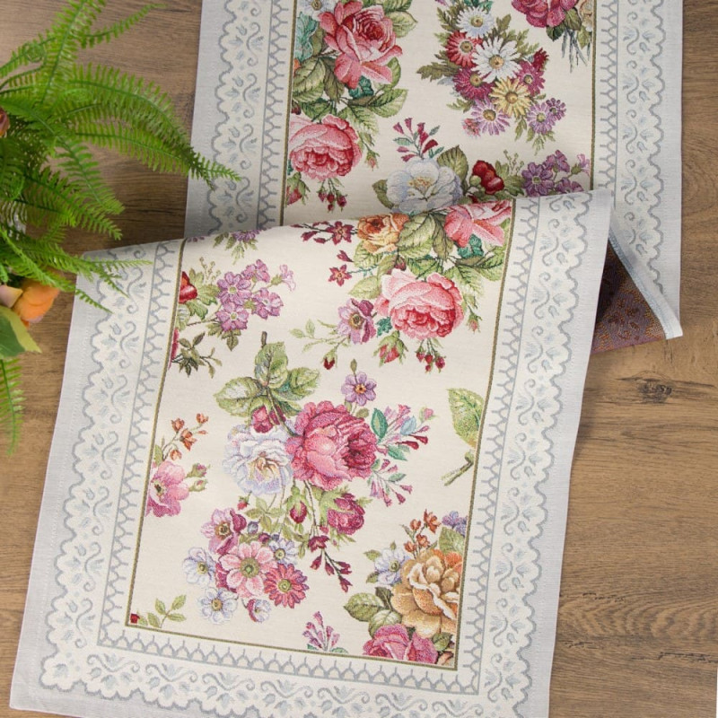 Galda celiņš 40x100 gobelēns sudraba ziedu rozes