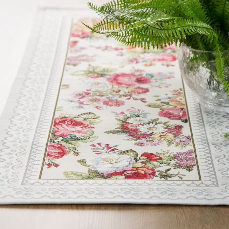 Galda celiņš 40x100 gobelēns sudraba ziedu rozes