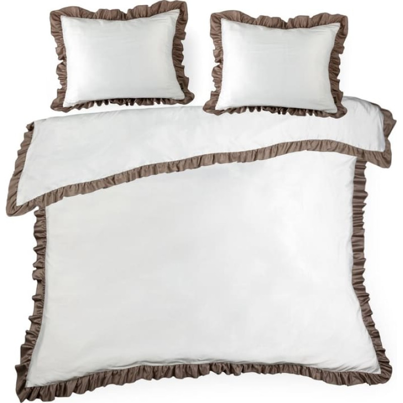 Satīna gultas veļa 160x200 Eliza balta kafija dekorēta ar volānu